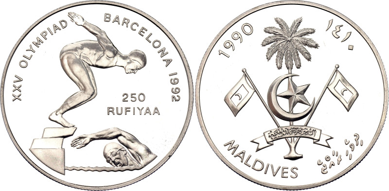 Maldives 250 Rufiyaa 1990 AH 1410. KM# 80, N# 52598; Silver 31.47 g., Proof; 199...