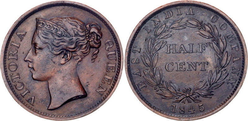 Straits Settlements 1/2 Cent 1845. KM# 2, N# 15523; Copper; Victoria; AUNC