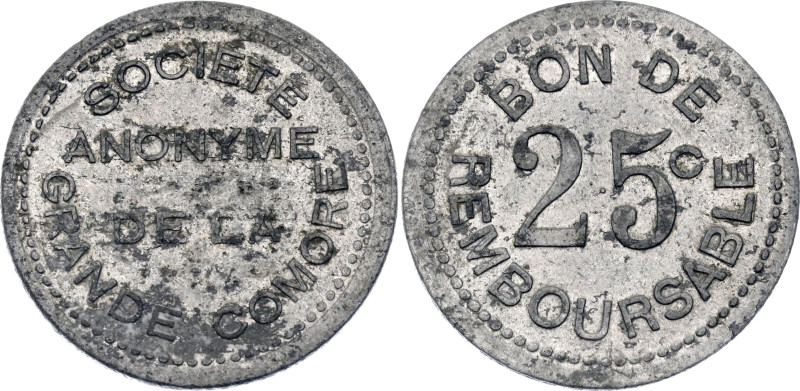 Comoros Société Anonyme de la Grande Comore 25 Centimes 1915 (ND) Token. N# 1590...