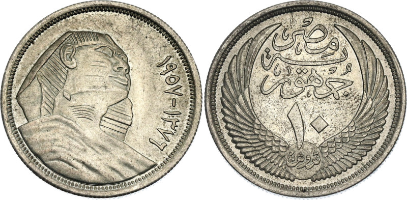 Egypt 10 Piastres 1957 AH 1376. KM# 383a, N# 22666; Silver; Cairo Mint; UNC with...