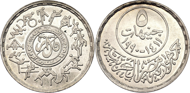 Egypt 5 Pounds 1990 AH 1411. KM# 698, Schön# 411, N# 153780; Silver 17.5 g.; Ale...