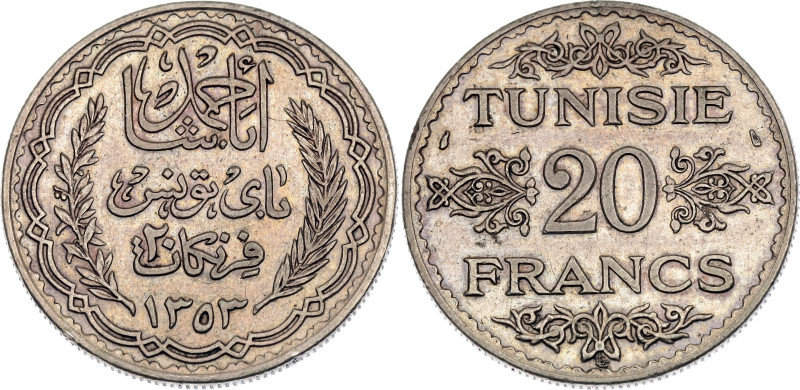 Tunisia 20 Francs 1935 AH 1353. KM# 263, Lec# 364, N# 6039; Silver 19.90 g.; Ahm...