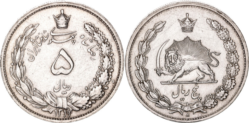 Iran 5 Rials 1932 SH 1311. KM# 1131, N# 8950; Silver 24.69 g.; Reza Shah Pahlavi...