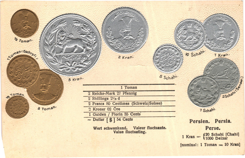 Iran Post Card "Coins of Iran" 1933. Carton; Iran Coinage Postcard; Currency exc...