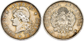 Argentina 20 Centavos 1882. KM# 27, CJ# 18 to 20, N# 8160; Silver; Freedom head Oudine, wearing a Phrygian cap; XF+