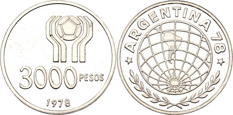 Argentina 3000 Pesos 1978. KM# 80, N# 14508; Silver 25 g.; World Football Champi...