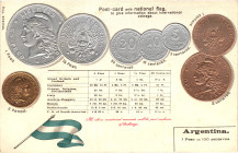Argentina Post Card "Coins of Argentina" 1904 - 1937 (ND). Carton; Argentina Coinage Postcard; Currency exchange chart; Emb. litho; Universal Postal U...