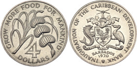 Barbados 4 Dollars 1970. KM# A9, Schön# 1, N# 9356; Copper-nickel; Elizabeth II; FAO; Mintage 30000 pcs.; UNC