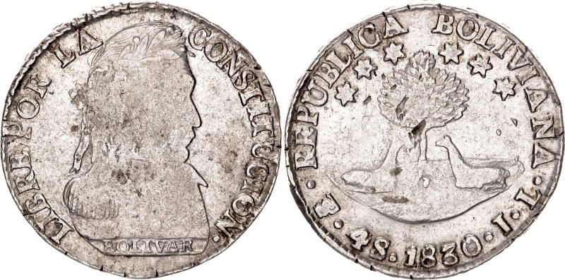 Bolivia 4 Sols 1830 PTS JL. KM# 96a, N# 19719; Silver; VF/XF