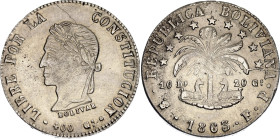 Bolivia 8 Soles 1863 PTS FP. KM# 138.6, N# 31117; Silver; UNC with golden toning & minor hairlines on the obv.