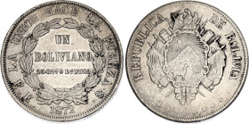 Bolivia 1 Boliviano 1872 PTS FE. KM# 155.4, N# 23868; Silver; UNC with minor hairlines