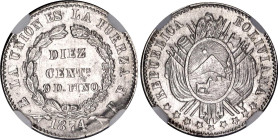 Bolivia 10 Centavos 1874 PTS FE NGC MS63. KM# 158.1, N# 274205; Type 2: Lettering "LA UNION ES LA FUERZA"; Silver 2.30 g.; With mint luster