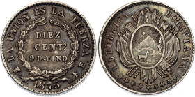 Bolivia 10 Centavos 1875 PTS FE. KM# 158.2, N# 274204; Silver; UNC with beautiful toning