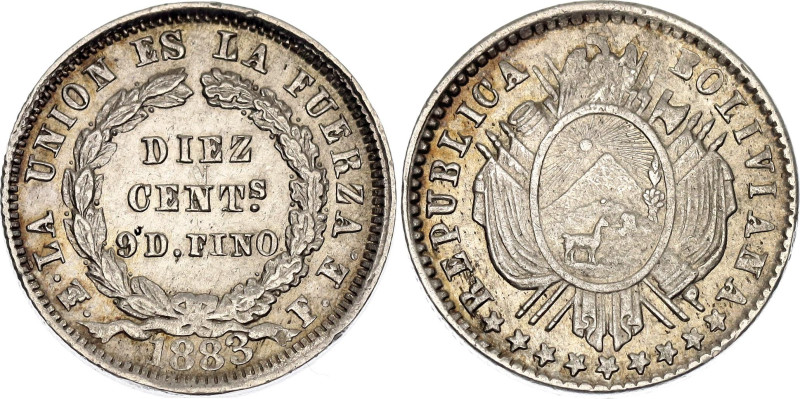 Bolivia 10 Centavos 1883 PTS FE Overstrike. KM# 158.2, N# 274204; Silver; UNC wi...