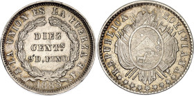 Bolivia 10 Centavos 1883 PTS FE Overstrike. KM# 158.2, N# 274204; Silver; UNC with full mint luster & minor hairlines