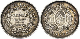 Bolivia 20 Centavos 1887. KM# 159, Schön# 3, N# 4317; Silver; XF+
