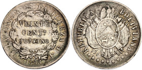 Bolivia 20 Centavos 1883 PTS FE. KM# 159.1, N# 4317; Silver; AUNC, worn die