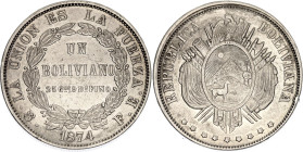 Bolivia 1 Boliviano 1874 PTS FE Overstrike. KM# 160.1, N# 38132; Silver; UNC with minor hairlines