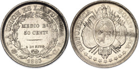 Bolivia 50 Centavos 1893 PTS CB. KM# 161.5, N# 26167; Lettering without weight; Silver; UNC with full mint luster & minor hairlines, partly straitened...