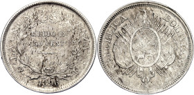 Bolivia 50 Centavos 1896 PTS ES Planchet Flaw Error. KM# 161.5, N# 26167; Lettering without weight; Silver; UNC with full mint luster