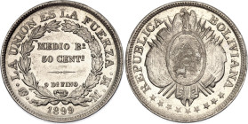 Bolivia 50 Centavos 1899 PTS MM First "9" Over Inverted "9". KM# 161.5, N# 26167; Type: first "9" over inverted "9"; Lettering without weight; Silver;...
