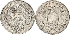 Bolivia 50 Centavos 1904 PTS MM Planchet Flaw Error. KM# 175.1, N# 13424; Silver; UNC with full mint luster
