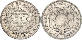 Bolivia 50 Centavos 1906 PTS MM Overstrike. KM# 175.1, N# 13424; Silver; UNC with full mint luster & minor hairlines