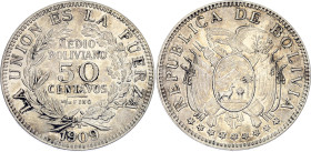 Bolivia 50 Centavos 1909 H. KM# 175.1, N# 13424; Silver; Heaton Mint; UNC with hairlines