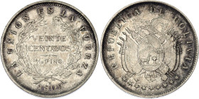 Bolivia 20 Centavos 1909 H. KM# 176, N# 14506; Silver; Heaton Mint; UNC with beautiful toning & minor hairlines