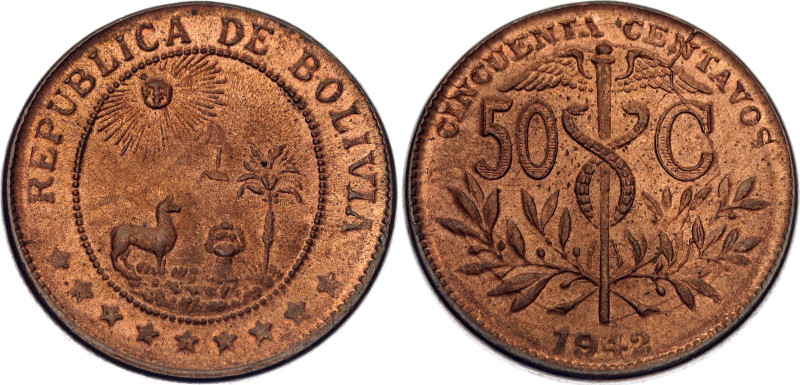 Bolivia 50 Centavos 1942. KM# 182a.2, N# 4901; Second strike; Brass; UNC with re...