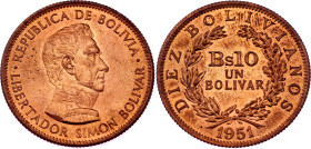 Bolivia 10 Bolivianos / 1 Bolivar 1951. KM# 186, N# 2128; Bronze; Simon Bolivar; UNC with full red mint luster