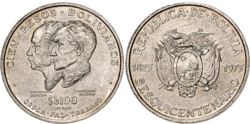 Bolivia 100 Pesos 1975. KM# 194, Schön# 28, N# 30857; Silver 10 g.; 150th Annive...