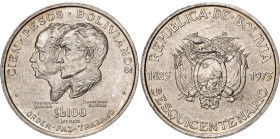 Bolivia 100 Pesos 1975. KM# 194, Schön# 28, N# 30857; Silver 10 g.; 150th Anniversary of Independence; UNC