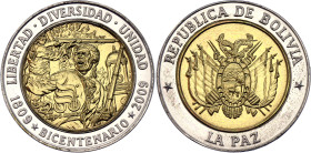 Bolivia La Paz 2009. Bi-Metallic/Silver., Proof; 200 Years of Independence; In original folder