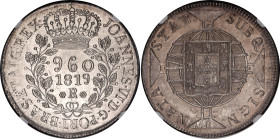 Brazil 960 Reis 1819 R Overstrike NGC UNC. KM# 326, N# 28705; Silver 27.07 g.; John VI the Clement (João VI); UNC Det. Surf. Hairlines