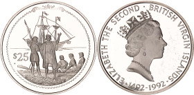 British Virgin Islands 25 Dollars 1992. KM# 115, N# 133831; Silver 21.54 g., Proof; 500th Anniversary of the Discovery of the New World-Columbus on sh...