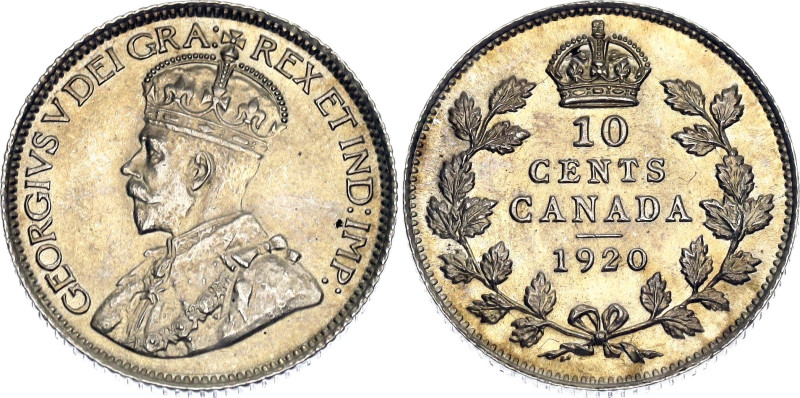 Canada 10 Cents 1920. KM# 23a, N# 389; Silver; George V; UNC with amazing golden...