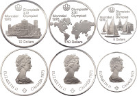 Canada 5 - 2 x 10 Dollars 1973. KM# 84, 86, 87; Silver Total 121.5 g., Proof; Elizabeth II; 1976 Olympics, Montreal