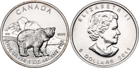 Canada 5 Dollars 2011. KM# 1109, N# 19876; Silver 31.1 g.; Elizabeth II; Grizzly Bear; UNC with hairlines