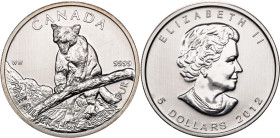 Canada 5 Dollars 2012. KM# 1164, N# 24762; Silver 31.1 g.; Elizabeth II; Cougar; UNC with hairlines