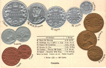 Canada Post Card "Coins of Canada" 1912 - 1937 (ND). Carton; Canada Coinage Postcard; Currency exchange chart; Emb. litho; Walter Erhard, Waiblingen-S...