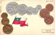 Chile Post Card "Coins of Chile" 1904 - 1912 (ND). Carton; Chile Coinage Postcard; Currency exchange chart; Emb. litho; Hugo Semmler, Magdeburg (H.S.M...