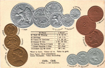Chile Post Card "Coins of Chile" 1912 - 1937 (ND). Carton; Chile Coinage Postcard; Currency exchange chart; Emb. litho; Walter Erhard, Waiblingen-Stut...