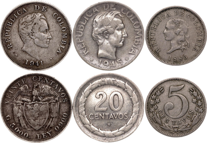 Colombia Lot of 3 Coins 1886 - 1945. KM# 183, 197, 208; With Silver; XF