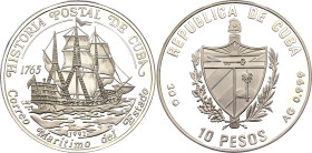 Cuba 10 Pesos 1992. KM# 341.1, JMA# AAEE526, N# 79232; Silver 20.02 g., Proof; Postal History of Cuba - Sea mail; Mintage: 10000 pcs