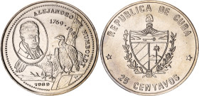 Cuba 25 Centavos 1989. KM# 361, JMA# AAEE365, N# 14184; Copper-nickel; Alexander von Humboldt; Mintage: 17000 pcs; UNC with full mint luster