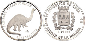 Cuba 5 Pesos 1993. KM# 405, JMA# AAEE405, N# 33633; Silver 6.07 g., Proof; Prehistoric Animals - Apatosaurus; Mintage: 30000 pcs