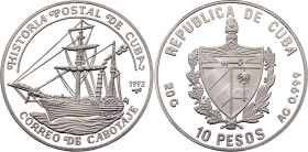 Cuba 10 Pesos 1992. KM# 561, JMA# AAEE527, N# 180258; Silver 19.85 g., Proof; Postal History of Cuba - Cabotage mail; Mintage: 5001 pcs