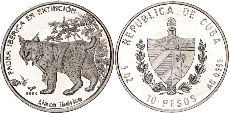 Cuba 10 Pesos 2004. KM# 802; Silver 30.92 g., Proof; Iberian Lynx