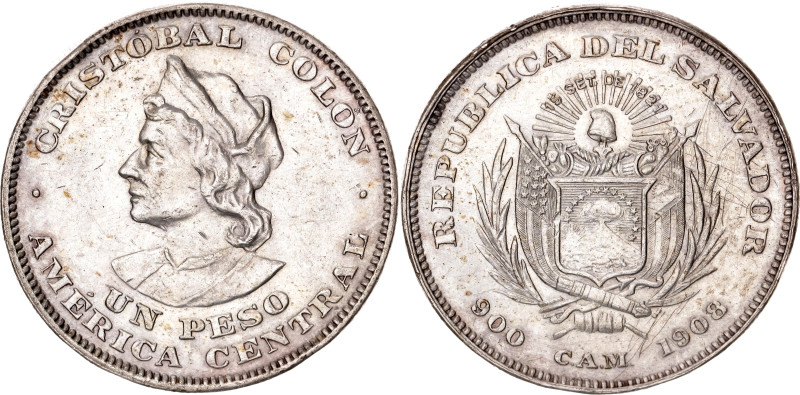 El Salvador 1 Peso 1908. KM# 115.1, N# 24742; Silver; Christopher Columbus; XF+